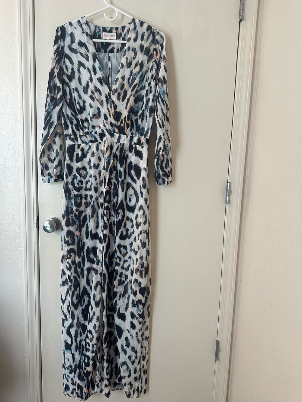 Leopard Print Long Sleeve Maxi Two Leg Slit Dress - Neutral Tones